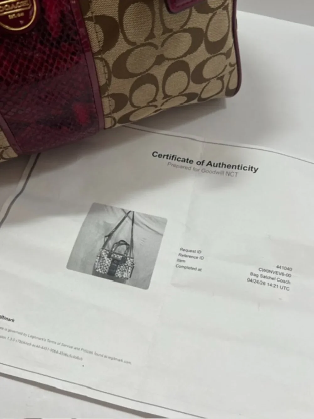 Coach Signature Stripe Python Satchel F24884 in Khaki w/Raspberry Python w/COA